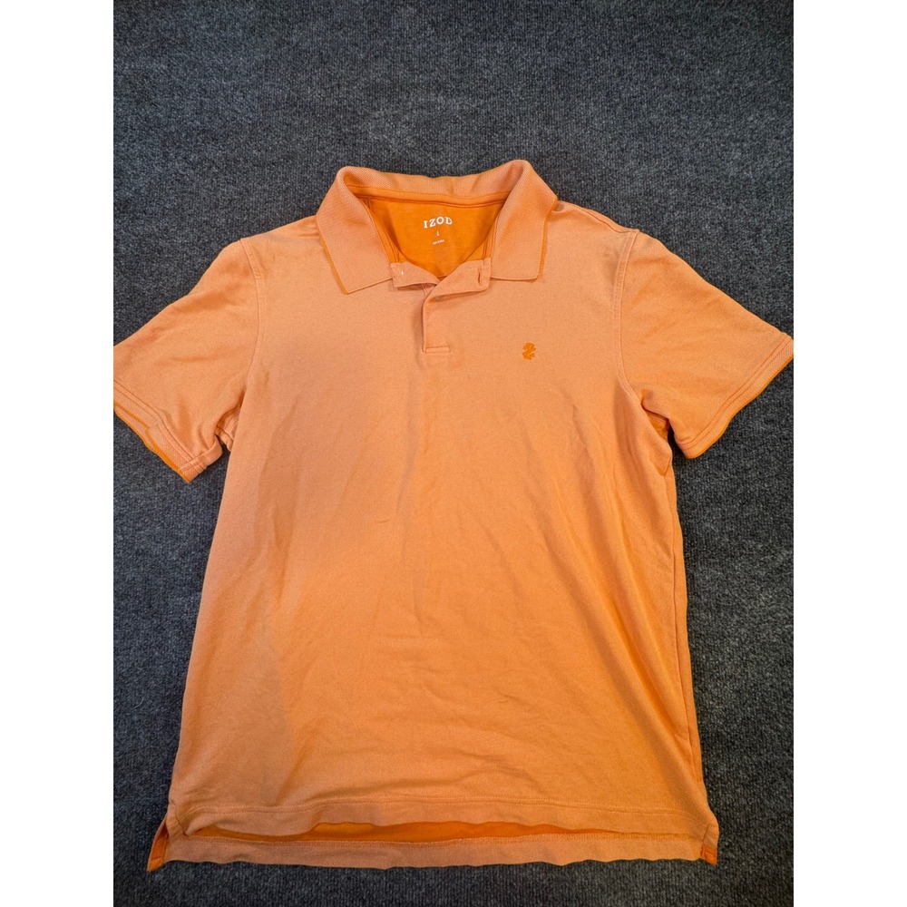 IZOD Mens Orange Short Sleeve Pique Polo Shirt Size Large Logo Casual Golf